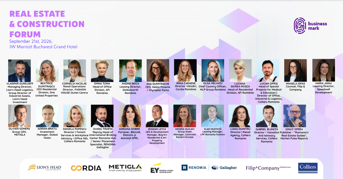 Real Estate & Construction Forum – 21 septembrie, la București. Peste 20 de lideri din domeniu analizează tendințele, oportunitățile de investiții și strategiile ce vor modela viitorul pieței imobiliare din România